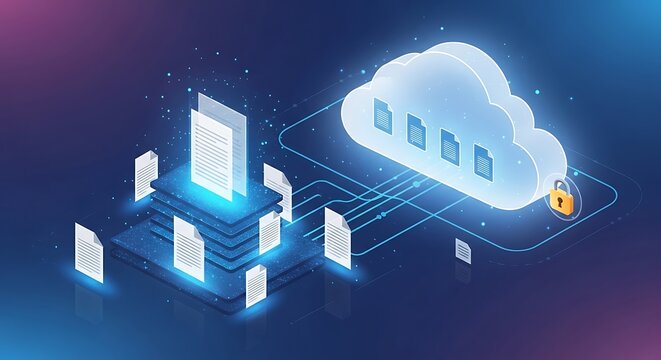 cloud storage data transfer secure file management database backup digital document sharing cybersecurity concept.