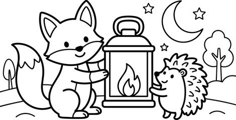 Obraz premium Cute fox and hedgehog holding lantern under crescent moon with stars black and white line art