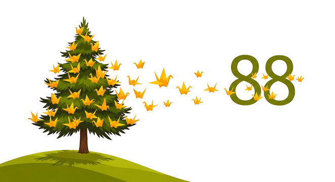 A vector graphic illustration of a tree with yellow birds flying away and the number 88 on a green hill