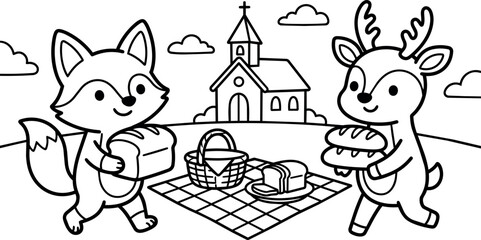 Obraz premium Cute fox and deer carrying bread for picnic near countryside church line art