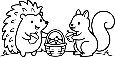Obraz premium Black and white line art squirrel and hedgehog with basket of acorns