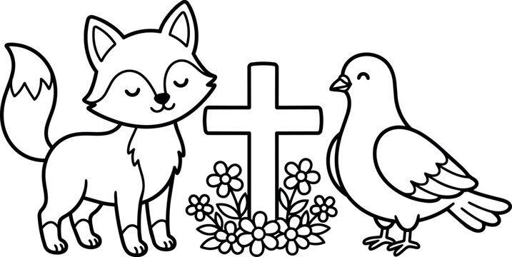 Line art fox and dove near cross with flowers vector illustration