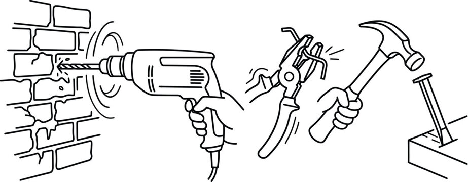 Vector illustration of hands holding a drill driving screw into brick wall and adjustable wrench turning bolt next to hand with hammer hitting nail