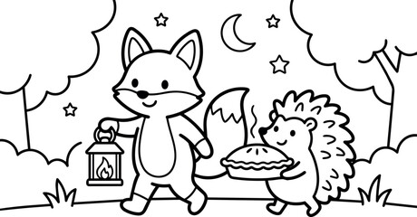 Obraz premium Black and white line art fox carrying lantern and hedgehog holding pie at night