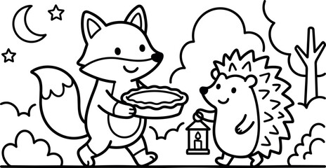 Obraz premium Black and white line art fox carrying pie and hedgehog holding lantern at night