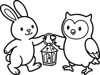 Obraz premium Black and white line art bunny and owl holding candle lantern illustration