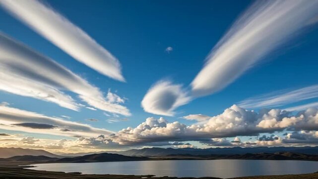 A serene video of a lake under a vibrant blue sky with unique clouds at sunset