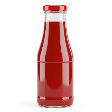 A glass bottle of red ketchup with a red cap