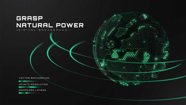 Abstract green world energy background with digital earth particle. Modern technology globe showing eco clean power system.