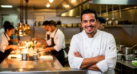 Fototapeta premium Successful Professional Chef Smiling in a Busy Commercial Kitchen with Staff Working in Background