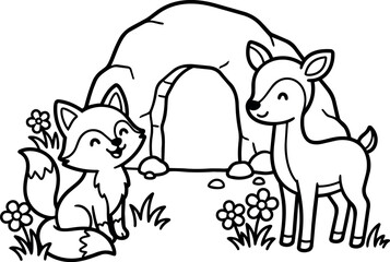 Obraz premium Cute fox and deer animals near cave with flowers line art