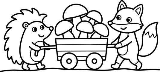 Obraz premium Black and white line art hedgehog and fox carrying wagon with mushrooms