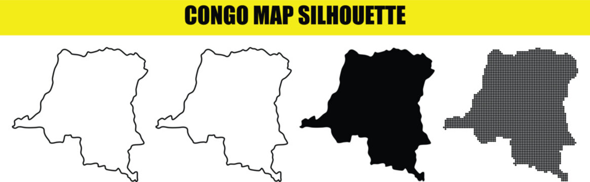 Congo map silhouette illustrations featuring democratic republic geography with solid black shape outline and dotted grid.