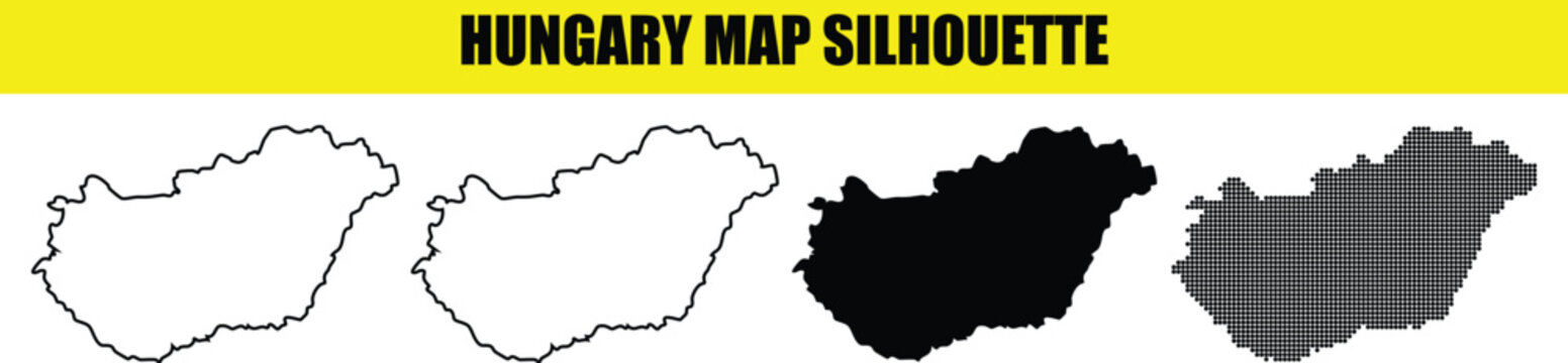 Hungary map silhouette collection featuring four different styles including outline solid black and halftone dot patterns.
