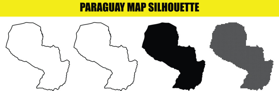 Paraguay map silhouette set with variety of design styles such as outline solid black color and creative halftone dots art.