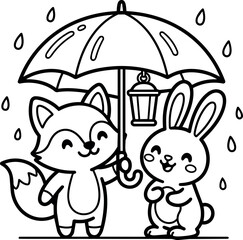 Obraz premium Black and white line art fox and rabbit holding umbrella with lantern in rain