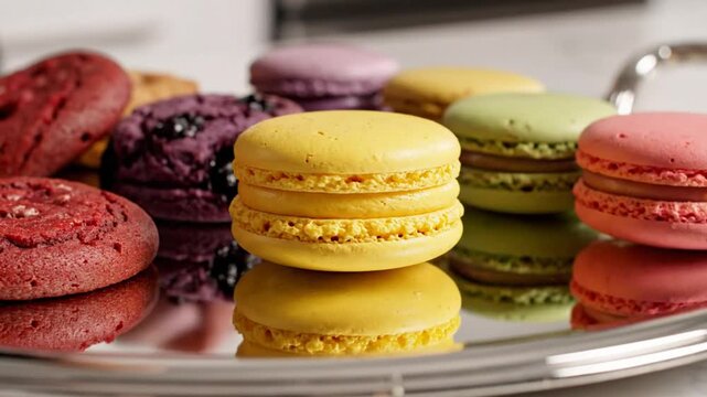Hand placing stacked yellow macaron cookies on a silver serving platter with assorted colorful treats