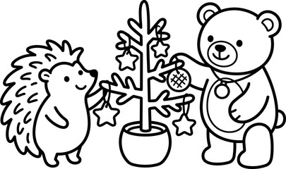 Obraz premium Black and white line art teddy bear and hedgehog decorating small christmas tree
