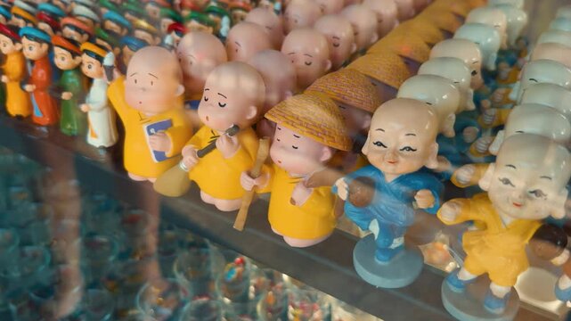 Collection of brightly colored ceramic monk miniatures wearing traditional robes, displayed in a vietnamese souvenir store, symbolizing culture, tourism, and handcrafted artistry