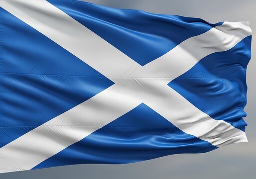 A detailed closeup view of the Scottish flag waving gracefully in the wind on a gray sky background