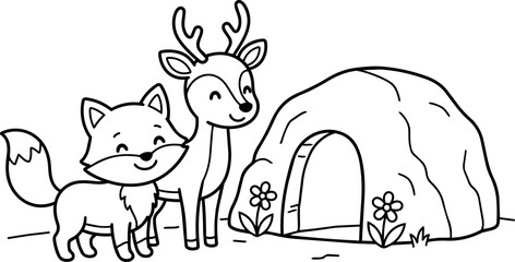 Obraz premium Black and white line art fox and deer standing near cave with flowers