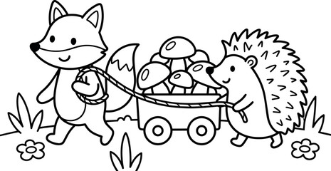 Obraz premium Black and white line art fox and hedgehog pulling wagon with mushrooms