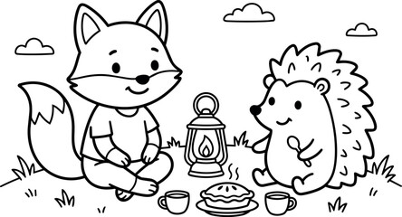 Obraz premium Black and white line art fox and hedgehog picnic with lantern and pie