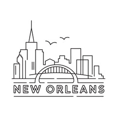 Fototapeta premium Line art illustration of the new orleans skyline with bridge and birds