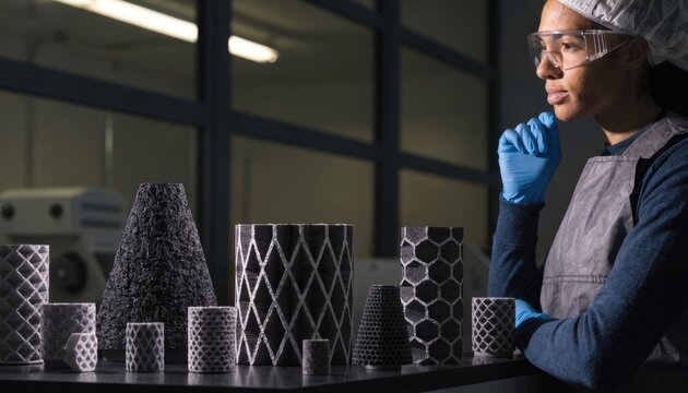 Lab technician observing diverse 3Dprinted abrasive shapes with complex geometric patterns emphasizing rapid development and performance evaluation in tool engineering.