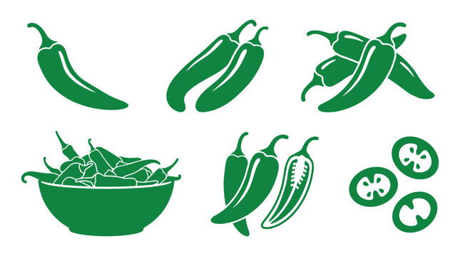 Green chili peppers icons set with spicy jalapeno and vegetable bowl.