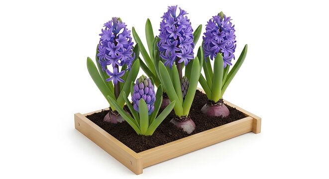 Purple hyacinth flowers in a wooden planter box