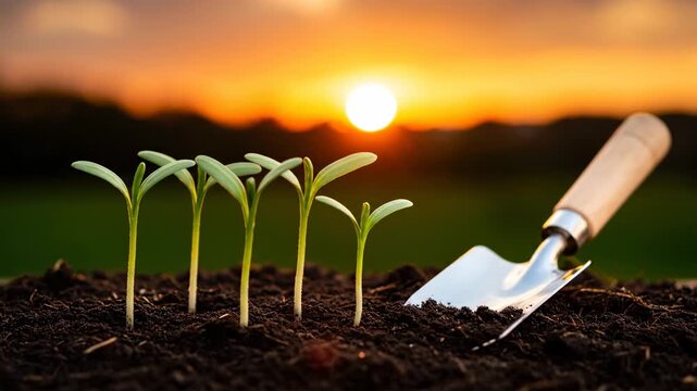 Young seedlings and trowel on dark soil with a vibrant sunset background