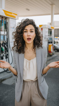 Surprised woman at a gas station with open hands, conveying disbelief, frustration, fuel-price shock, and financial pressure.