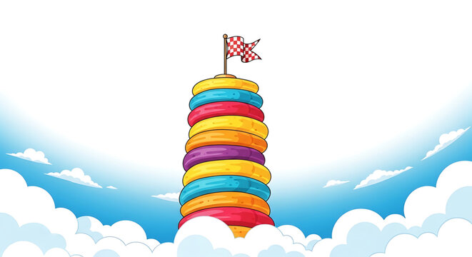 A colorful stack of donuts with a checkered flag on top, floating in the clouds