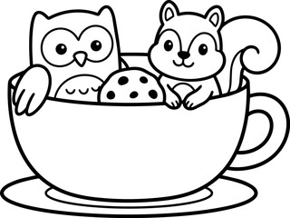 Obraz premium Black and white line art owl and squirrel in cup with cookie
