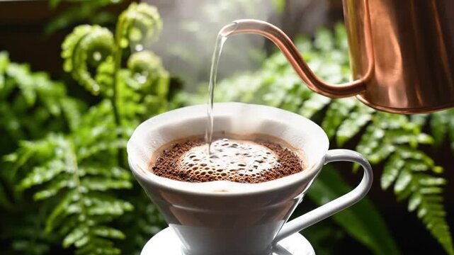Brewing pour over coffee in a white ceramic mug with a copper kettle against green foliage background
