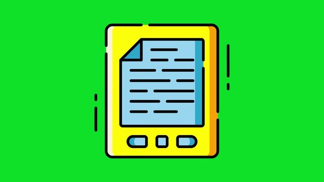 Vibrant yellow e-reader features a bright blue screen and minimalist document detail 4K stock animation video on a green screen for chroma key background in video editing.