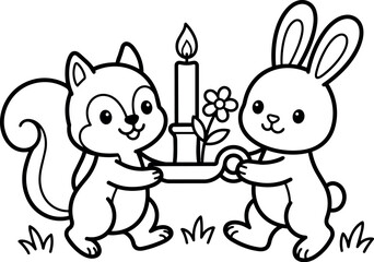 Obraz premium Cute squirrel and rabbit holding candle and flower line art vector