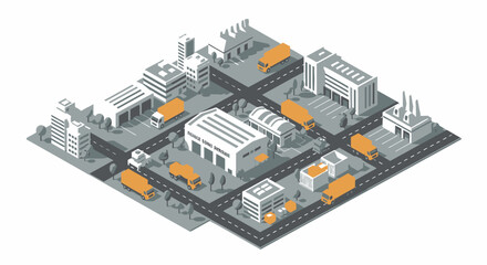 Obraz premium Isometric illustration of an urban industrial landscape with numerous orange delivery trucks on roads and near various buildings, depicting logistics and transportation.