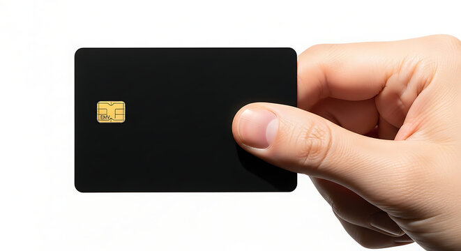 Hand holding a blank black credit card with emv chip, isolated on white background, ready for custom design