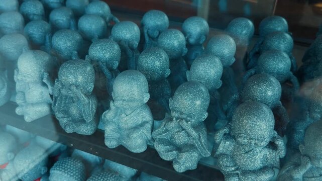 Rows of individual stone mizaru statues illustrating the 'see no evil, hear no evil, speak no evil' proverb through their symbolic gestures, arranged as cultural souvenirs