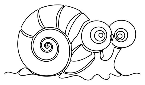 Snail with large round eyes and spiral shell in continuous line art style