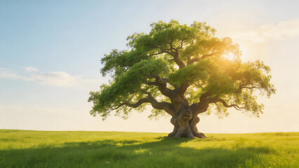 Fototapeta premium Large tree in green field with sunlight