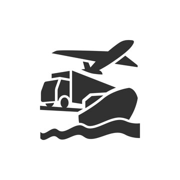 Cargo ship with airplane and truck icon. Multimodal transport and global logistics. Monochrome black and white symbol