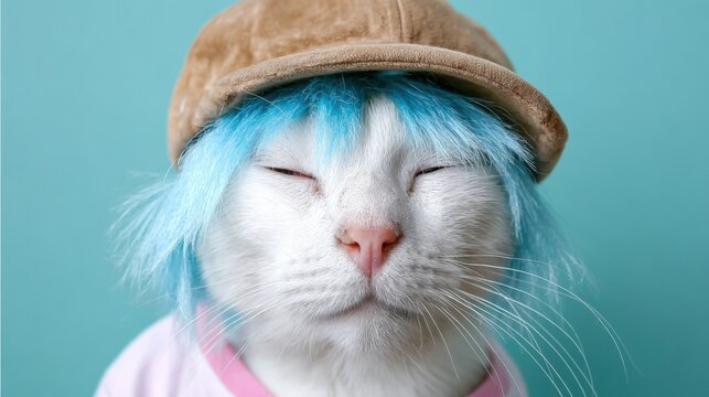 White cat with blue wig and brown cap against blue background