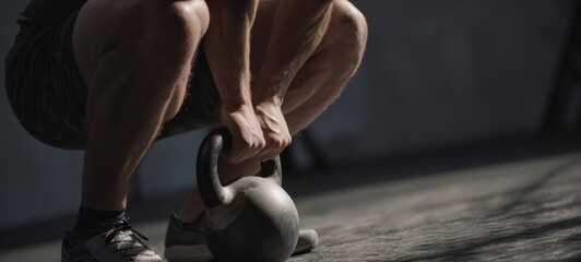 The Kettlebell Held by Muscular Athlete Performing Deep Squat in Industrial Gym