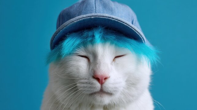 White cat with blue wig and cap against a blue background