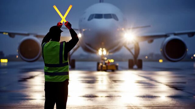 airport ground crew marshaller guiding large commercial aircraft on wet tarmac at dusk with illuminated wands