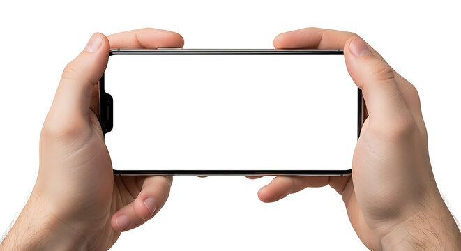 Hands holding a modern smartphone in horizontal landscape position with blank white screen