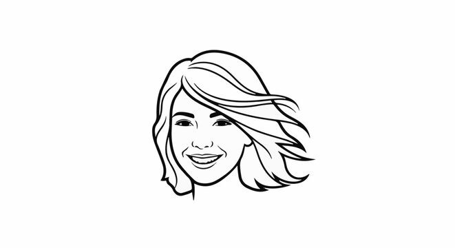 A simple black and white line drawing of a smiling young woman's face
